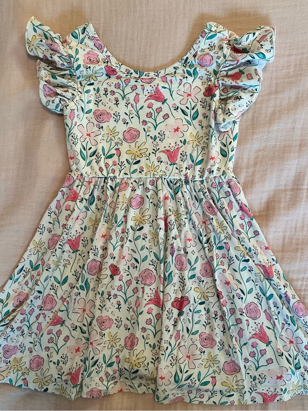 Caden Lane Floral Ruffle-Sleeve Dress - Pink, Green & Yellow